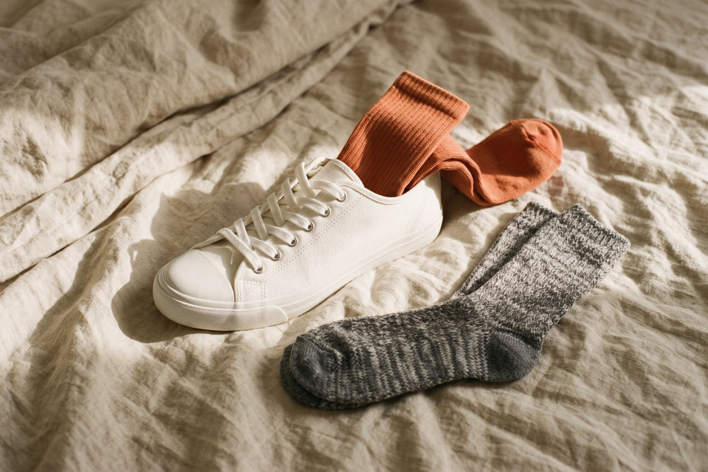 Calcetines deportivos de algodón orgánico terracota en una zapatilla de lona blanca y calcetines de algodón flamé gris sobre una sábana de lino