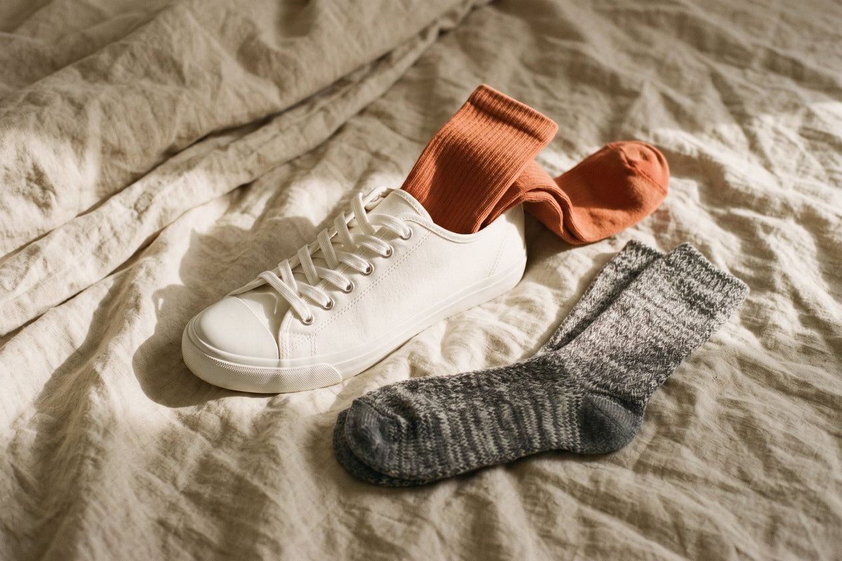 Calcetines deportivos de algodón orgánico terracota en una zapatilla de lona blanca y calcetines de algodón flamé gris sobre una sábana de lino