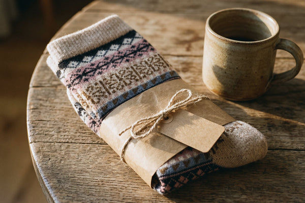 Calcetines nórdicos de lana beige doblados en papel kraft con cordel junto a una taza, para el amigo invisible