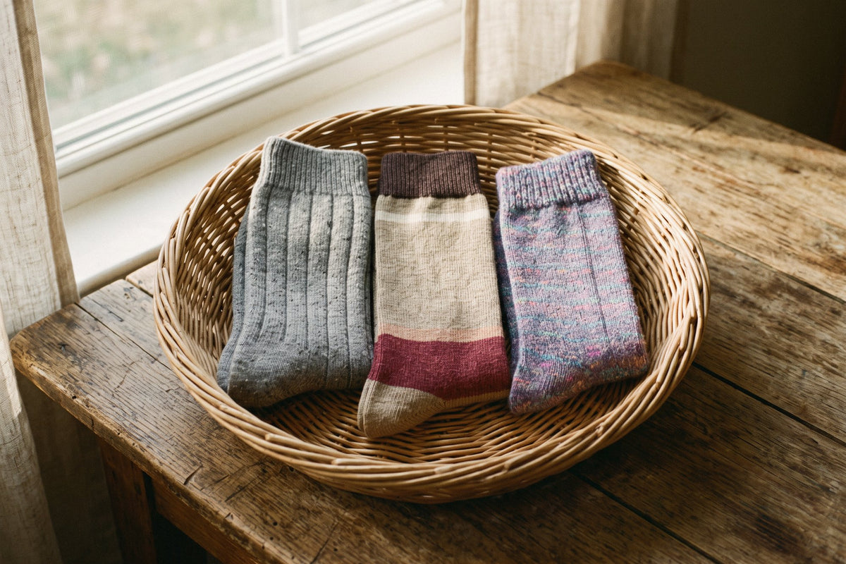 Calcetines de lana de cordero canalé gris, de lana suave beige y de lana jaspeada hecha a mano en una cesta de mimbre junto a la ventana