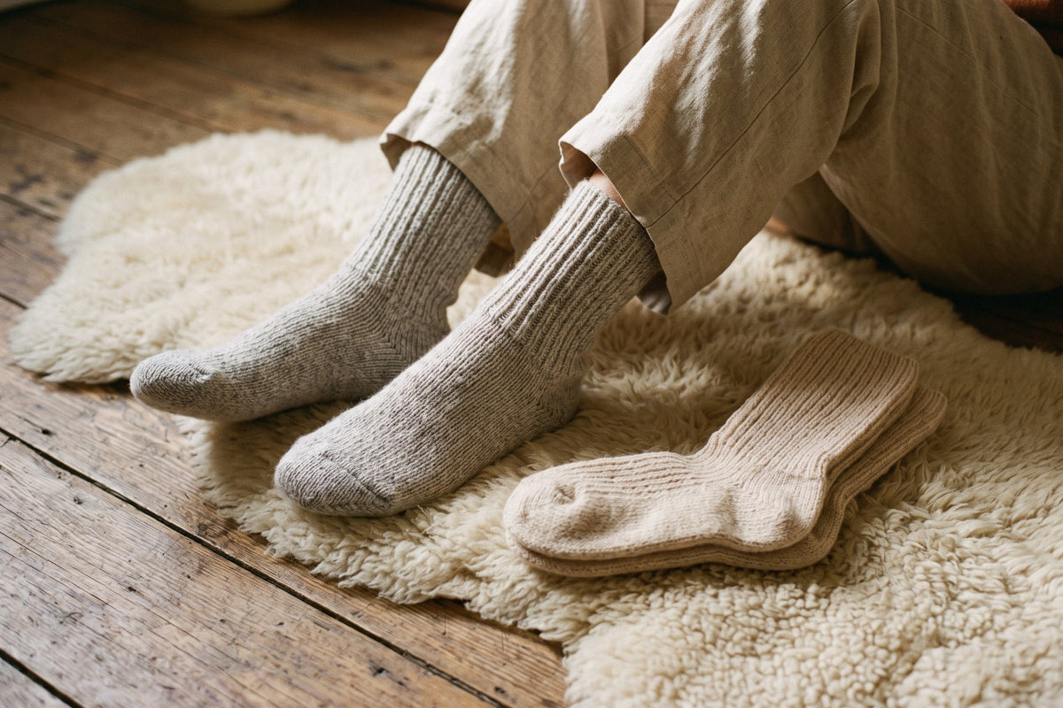 Calcetines gordos de lana y cashmere, grises puestos y beige doblados, sobre una alfombra de piel de oveja