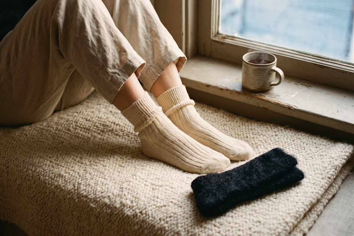 Calcetines térmicos de mohair canalé crudo puestos y calcetines de alpaca negros doblados sobre una manta de lana junto a la ventana